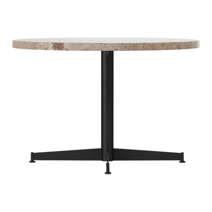 Round table with a light stone top and a sleek black metal base, featuring a minimalist design and neutral colors.
