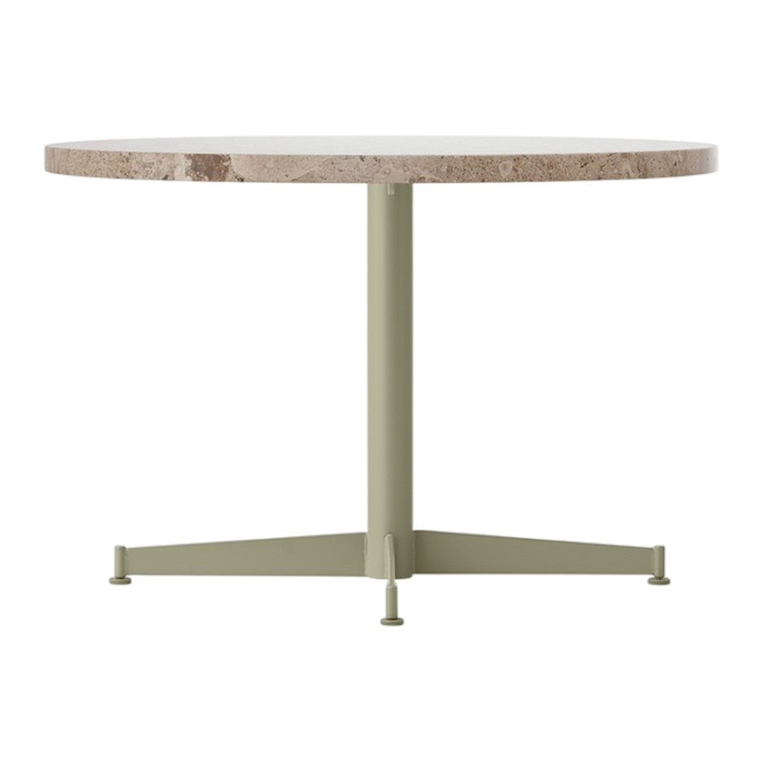 Round table with a speckled beige top and a muted green metal base, featuring a simple, modern design.