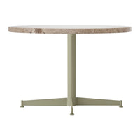 Round table with a speckled beige top and a muted green metal base, featuring a simple, modern design.
