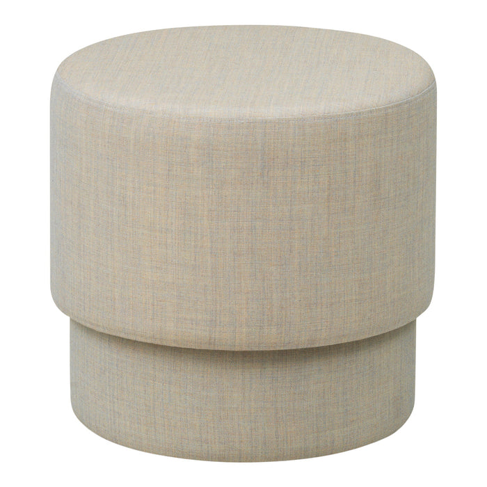 Beige round ottoman featuring a subtle textured pattern, perfect for modern decor accents.