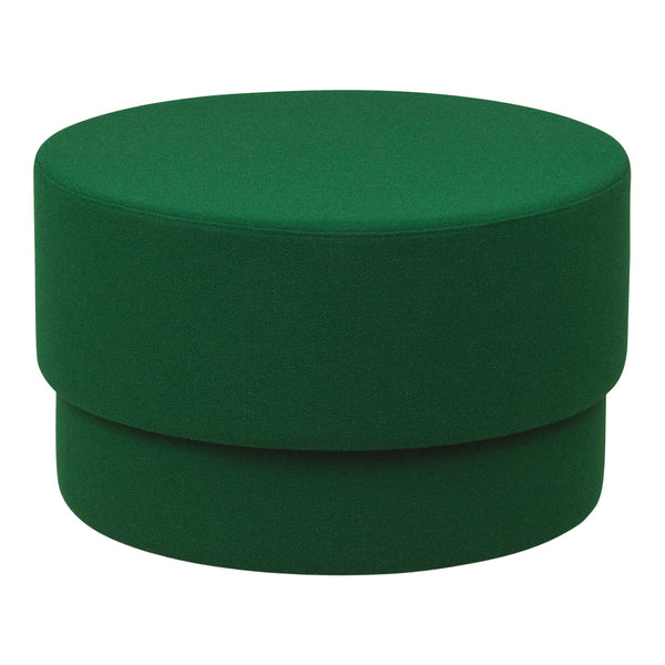 Green upholstered round ottoman with a smooth, solid color and modern design. Ideal for any contemporary decor.
