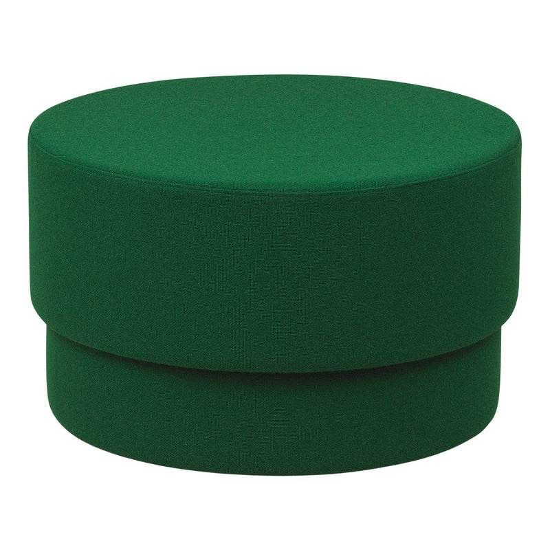Green upholstered round ottoman with a smooth, solid color and modern design. Ideal for any contemporary decor.