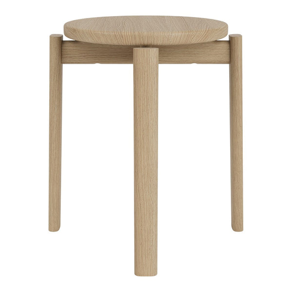Natural oak stool with a smooth finish and minimalist design; features a round top and straight legs.