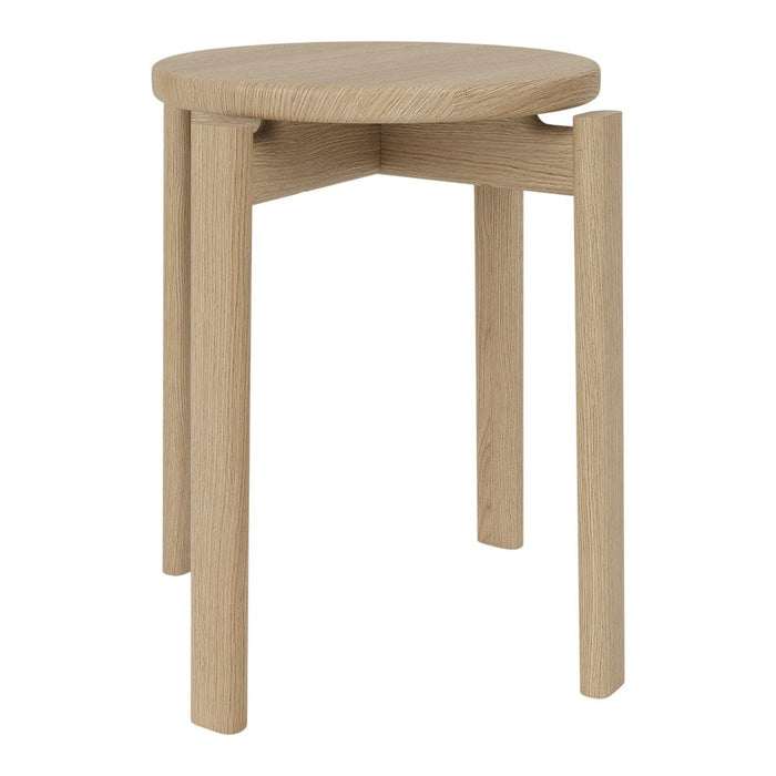 Natural wood round stool with a light beige finish and minimalist design, featuring smooth, clean lines.