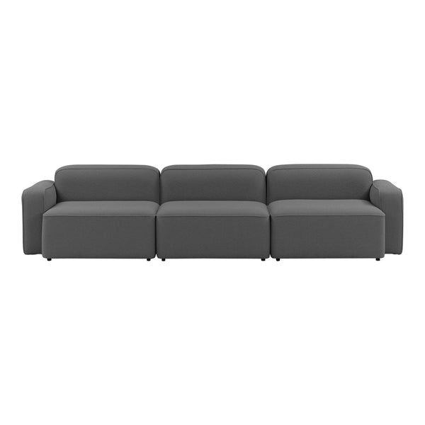 Stylish modern sofa in solid dark gray fabric, featuring a sleek and minimalist design with clean lines.