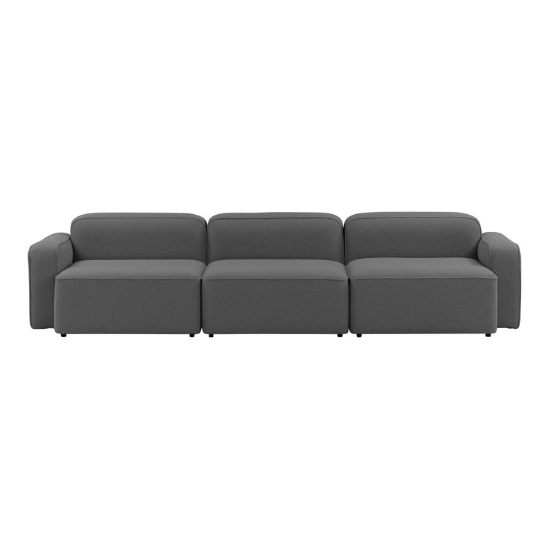 Stylish modern sofa in solid dark gray fabric, featuring a sleek and minimalist design with clean lines.