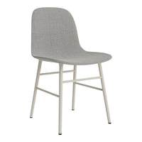 Gray upholstered chair with a smooth texture, featuring a minimalist design and white metal legs.