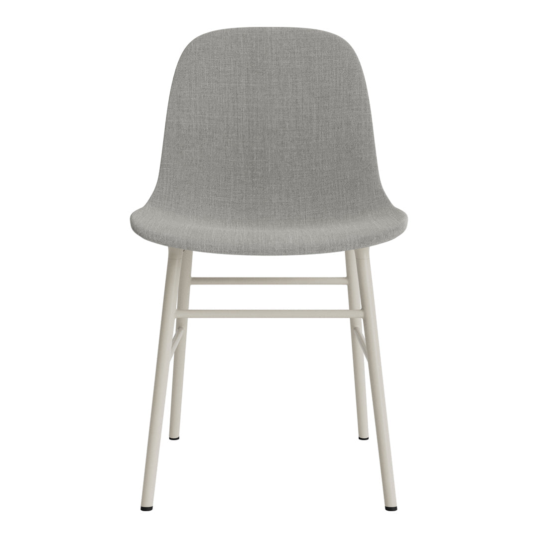 Gray upholstered chair with a smooth, minimalist design and light-colored wooden legs. Perfect for modern interiors.