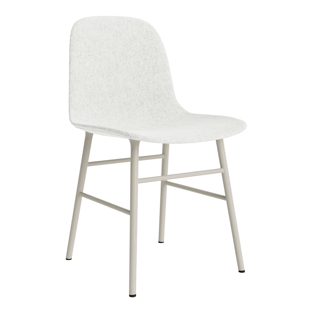 White upholstered chair with a soft texture and light gray metal legs. Simple, modern design for versatile decor.