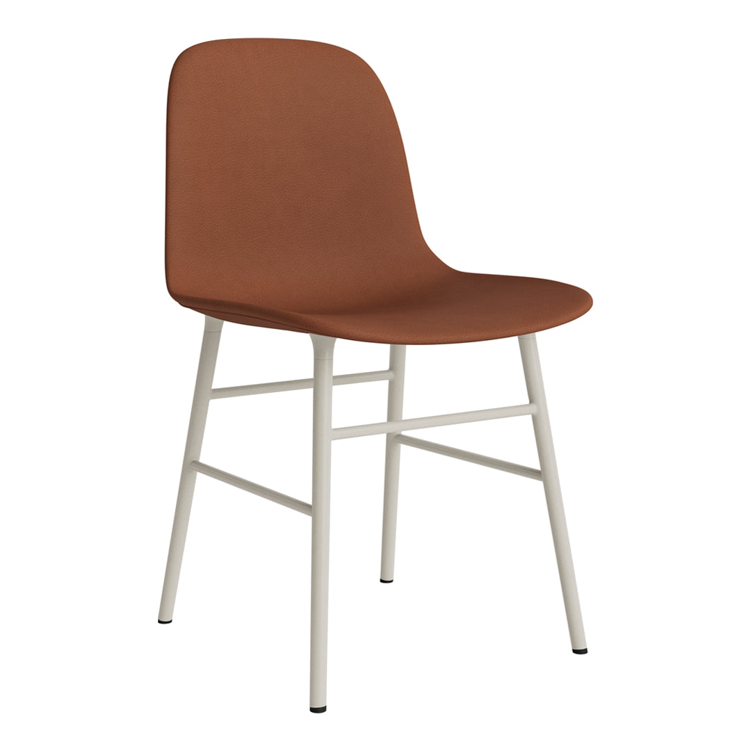 Rust-colored chair with a smooth surface and white metal legs, featuring a minimalist design and no patterns.