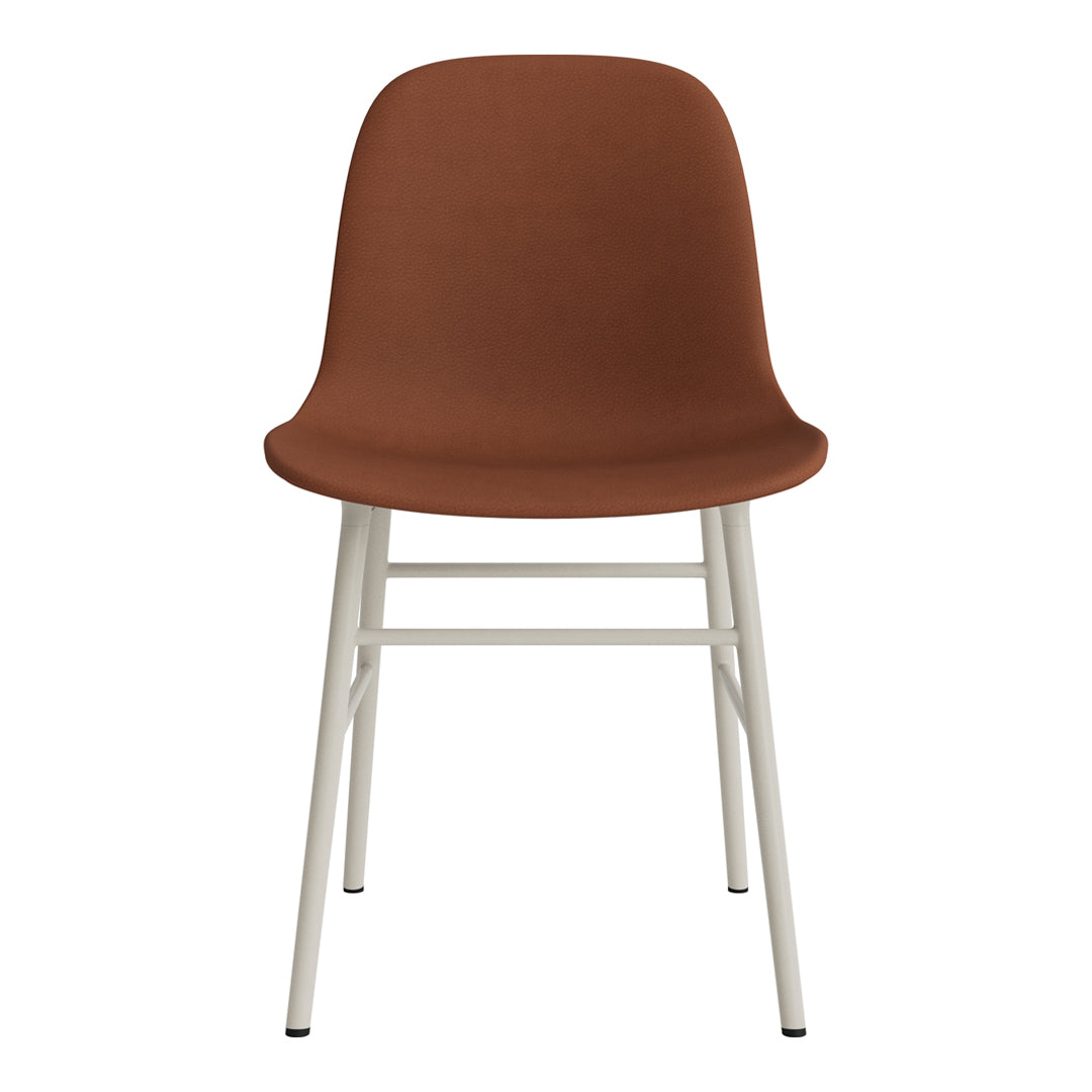 Brown upholstered chair with a smooth finish and light metal legs, offering a modern and minimalist design.