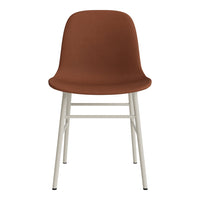 Brown upholstered chair with a smooth finish and light metal legs, offering a modern and minimalist design.
