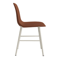 Brown upholstered dining chair with a sleek white metal frame, showcasing a modern, minimalist design.