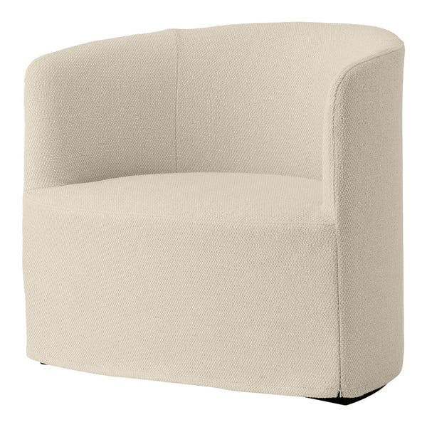 Cream-colored upholstered accent chair with a textured, woven pattern and rounded shape. Perfect for modern decor.