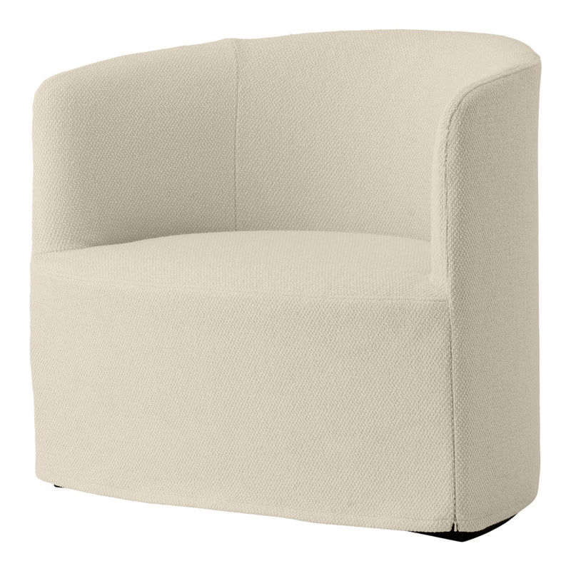 Cream-colored upholstered accent chair with a textured, woven pattern and rounded shape. Perfect for modern decor.