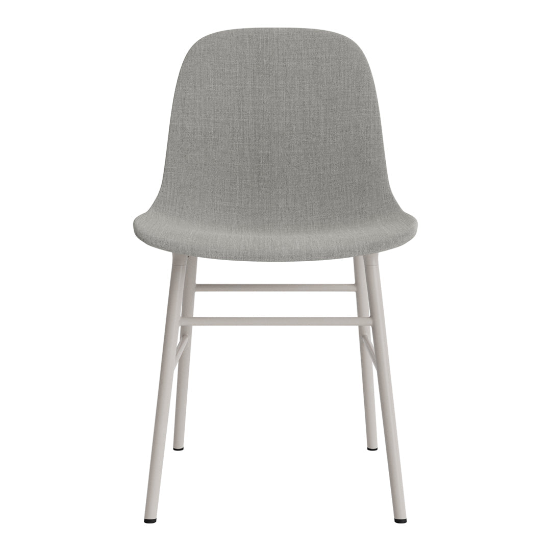 Gray upholstered chair with a textured fabric and light gray metal legs. Simple, modern design for any space.