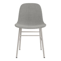 Gray upholstered chair with a textured fabric and light gray metal legs. Simple, modern design for any space.