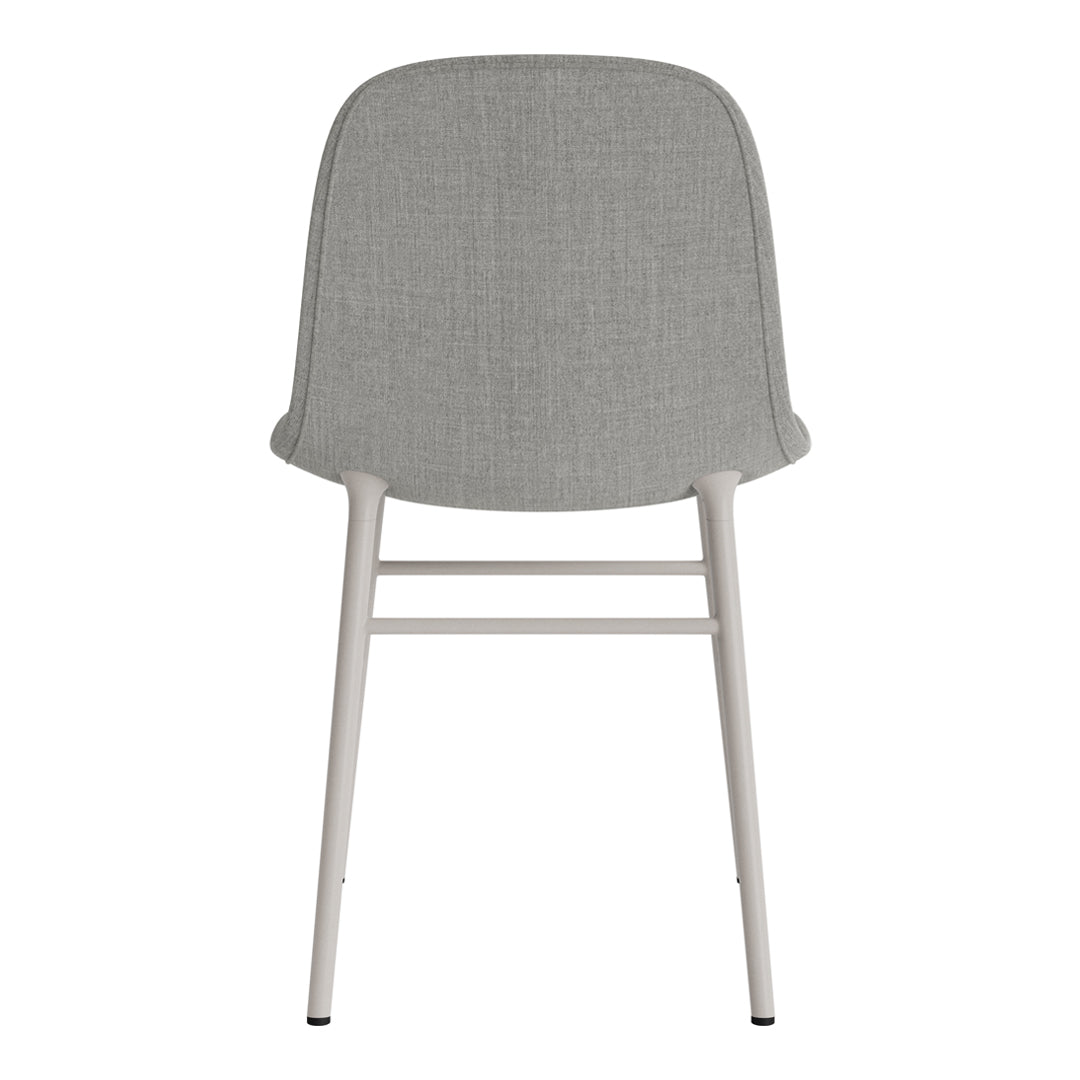 Gray upholstered chair with a smooth texture and minimalist white metal legs. Perfect for modern decor.
