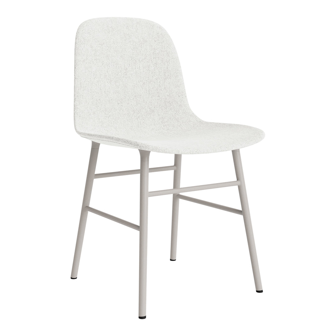 White upholstered chair with a smooth, minimalist design and light gray metal legs. Perfect for modern decor.