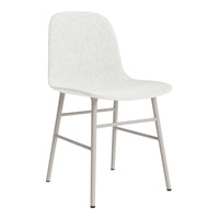 White upholstered chair with a smooth, minimalist design and light gray metal legs. Perfect for modern decor.