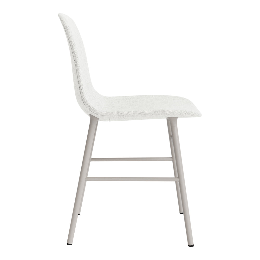 Modern white upholstered chair with a sleek light gray metal frame, featuring a minimalist design.