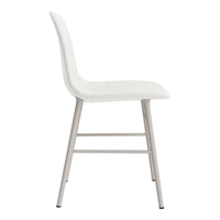 Modern white upholstered chair with a sleek light gray metal frame, featuring a minimalist design.