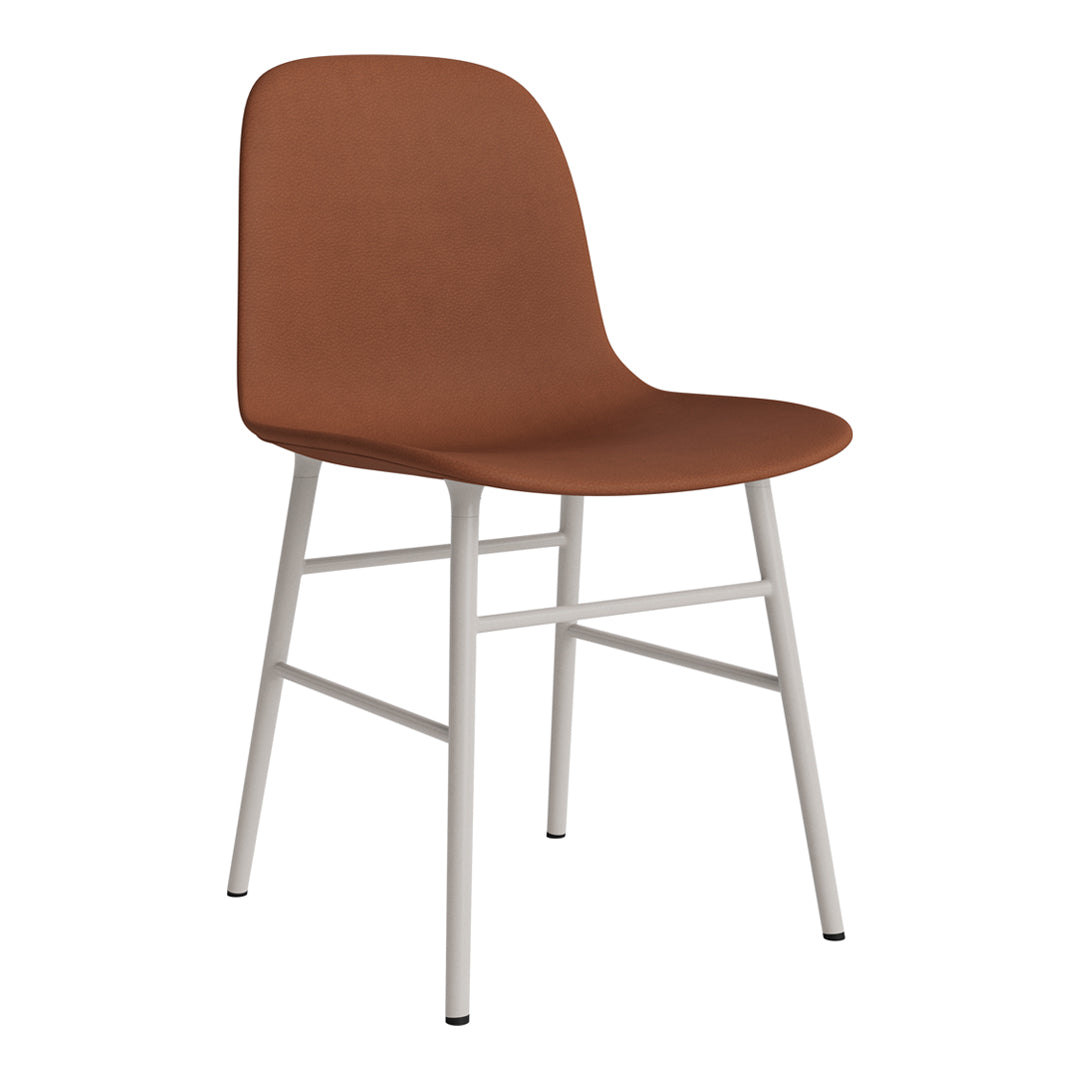 Brown upholstered chair with a sleek, minimalist design and light gray metal legs, perfect for modern spaces.