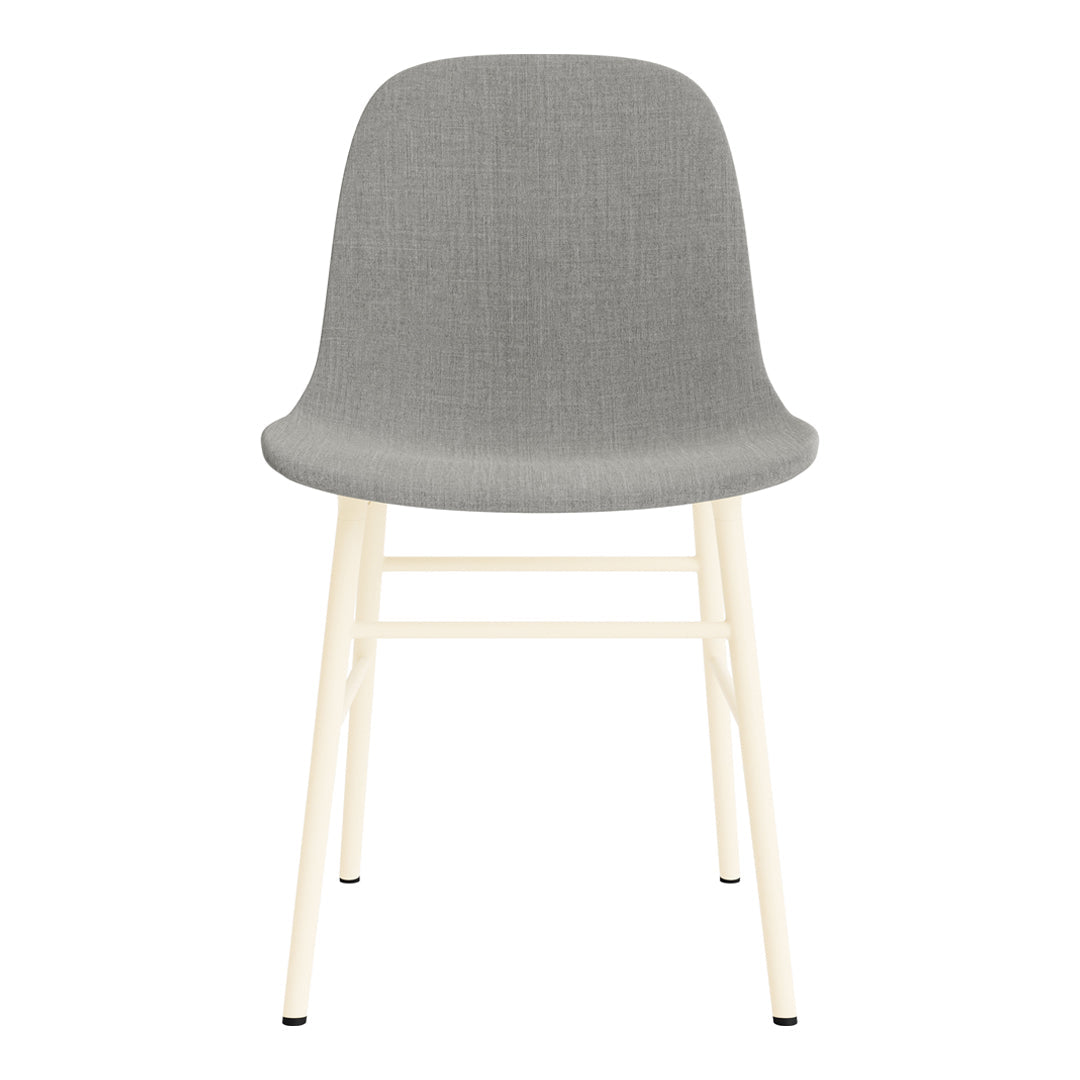 Gray upholstered chair with a smooth texture and cream-colored wooden legs. Ideal for modern interiors.
