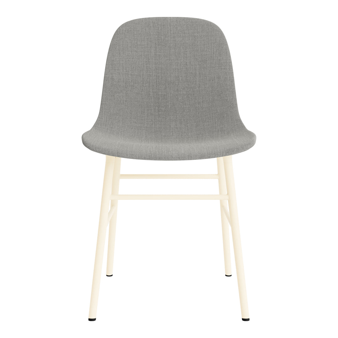 Gray upholstered chair with a smooth texture and cream-colored wooden legs. Ideal for modern interiors.