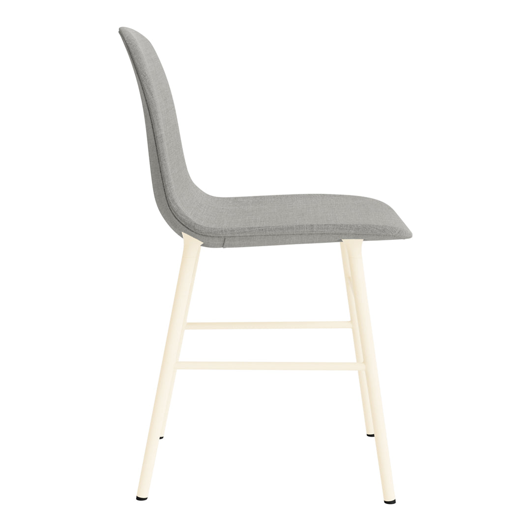 Gray upholstered chair with a sleek design and light beige legs, featuring a minimalist aesthetic.