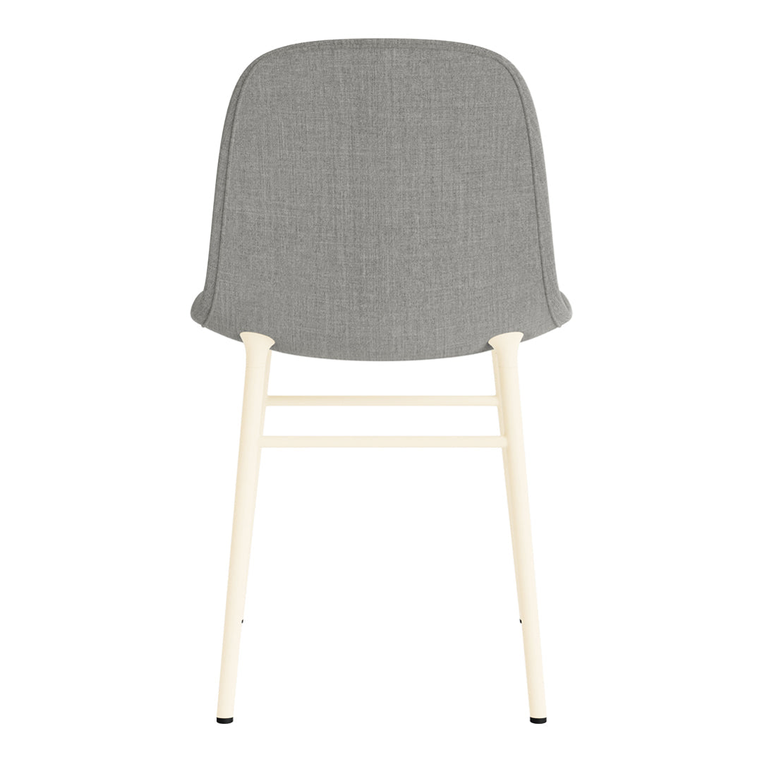 Gray upholstered chair with a smooth texture and cream-colored wooden legs. Simple, modern design.