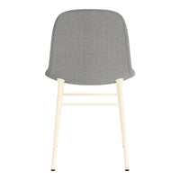 Gray upholstered chair with a smooth texture and cream-colored wooden legs. Simple, modern design.