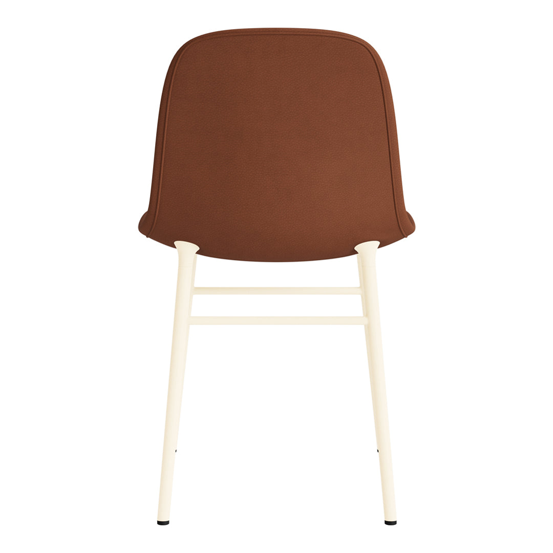 Brown upholstered chair with a smooth finish and light cream wooden legs, featuring a modern minimalist design.