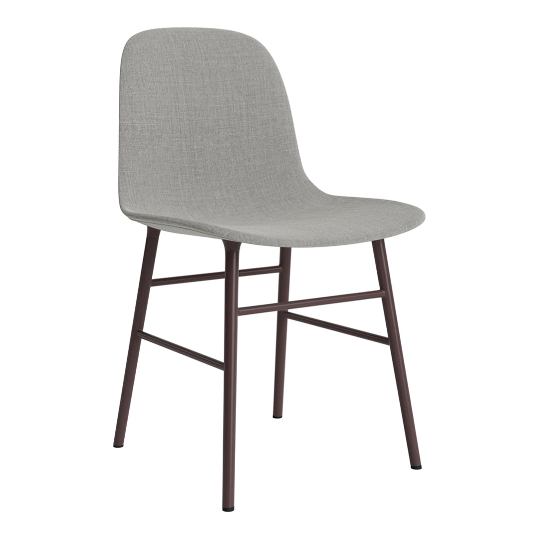 Gray upholstered chair with a smooth finish and dark brown metal legs, featuring a minimalist design.