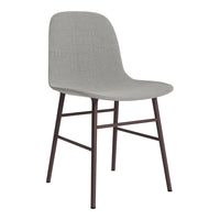 Gray upholstered chair with a smooth finish and dark brown metal legs, featuring a minimalist design.