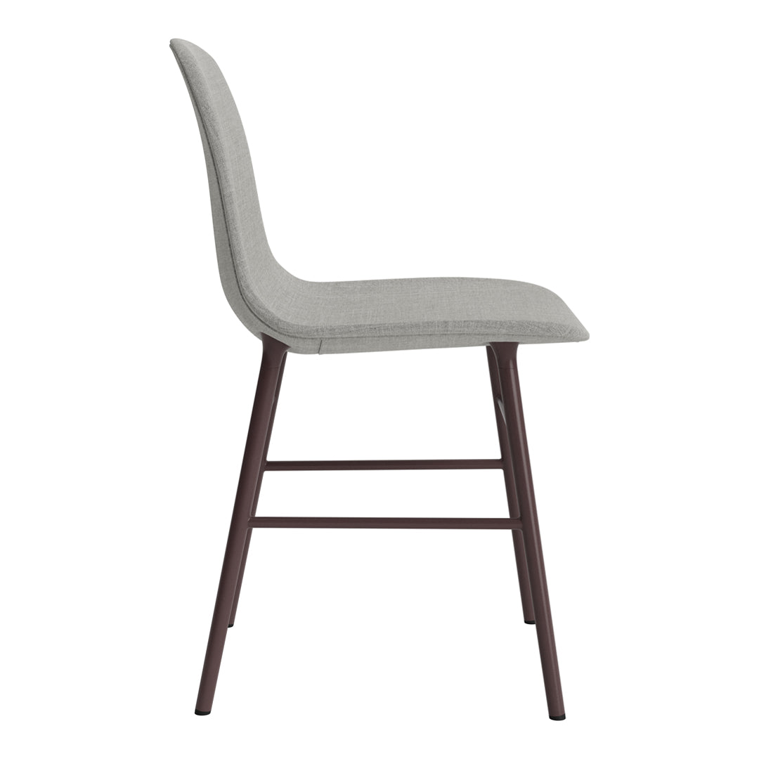 Gray upholstered chair with a smooth texture and dark wooden legs, showcasing a modern, minimalist design.