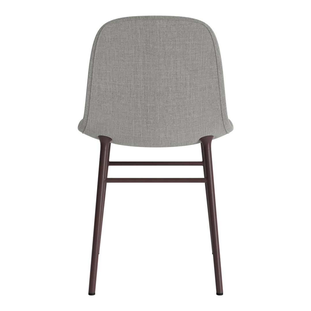 Gray fabric chair with a smooth texture and dark wood legs, featuring a minimalist design. Perfect for modern decor.