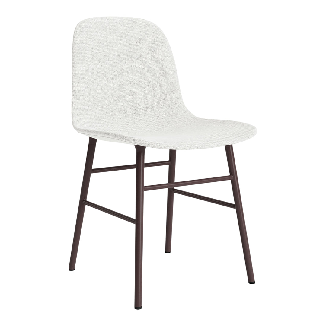 White patterned chair with a sleek design and dark brown metal legs. Perfect for modern decor.