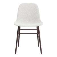Light gray upholstered chair with a smooth texture and dark brown wooden legs, offering a modern minimalist design.