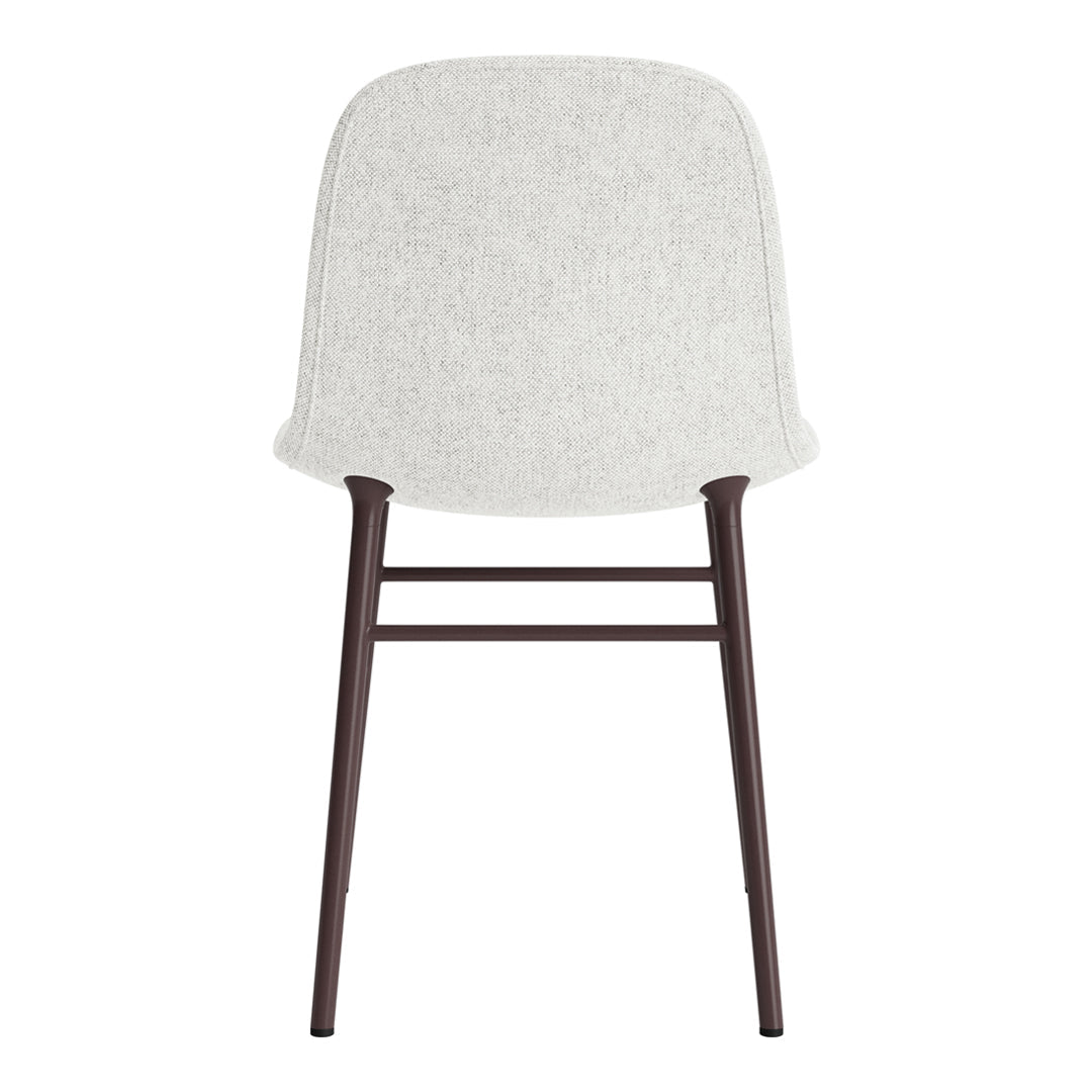 White fabric chair with a textured pattern, complemented by dark brown wooden legs. Modern and minimalist design.