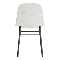 White fabric chair with a textured pattern, complemented by dark brown wooden legs. Modern and minimalist design.