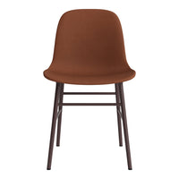 Stylish brown upholstered chair with a sleek dark metal frame, featuring a smooth, modern design.