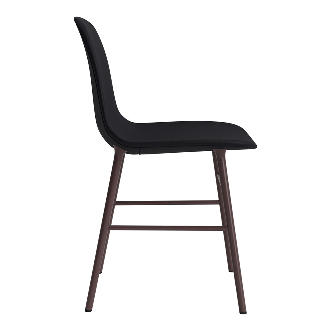 Sleek black upholstered chair with a smooth finish and dark wooden legs, modern and minimalist design.