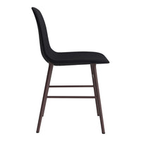 Sleek black upholstered chair with a smooth finish and dark wooden legs, modern and minimalist design.