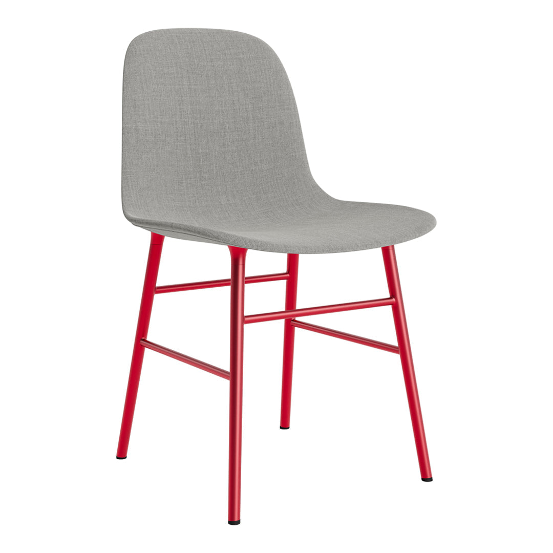 Gray upholstered chair with vibrant red metal legs, featuring a sleek, minimalist design. Perfect for modern decor.