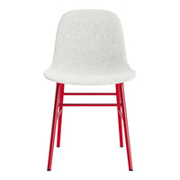 White fabric chair with a smooth texture and bold red metal legs, featuring a minimalist design.