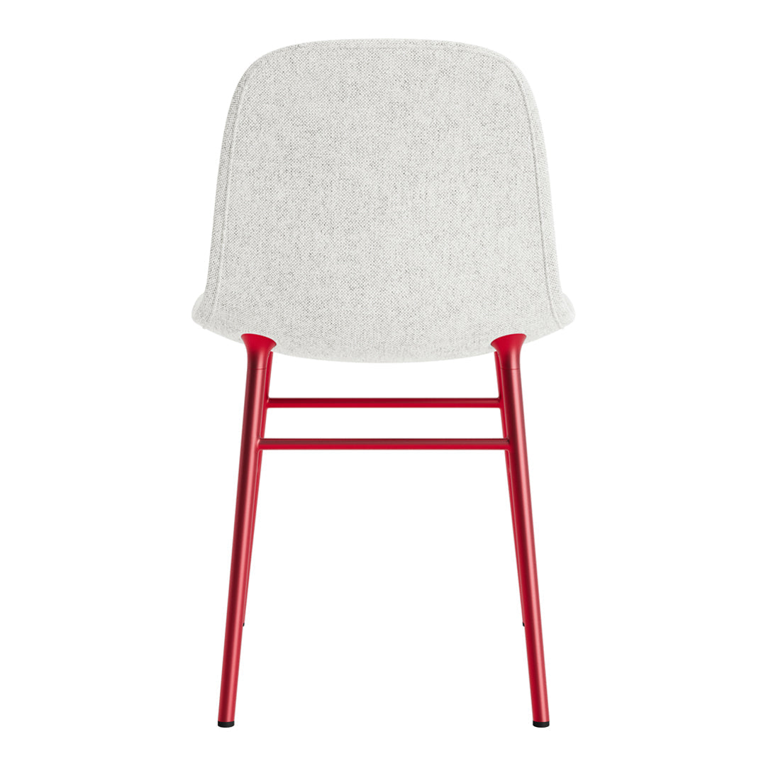 Red metal chair with a sleek, white upholstered backrest, featuring a modern minimalist design and clean lines.