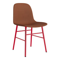 Brown upholstered chair with a sleek design and vibrant red metal legs. Ideal for modern decor.