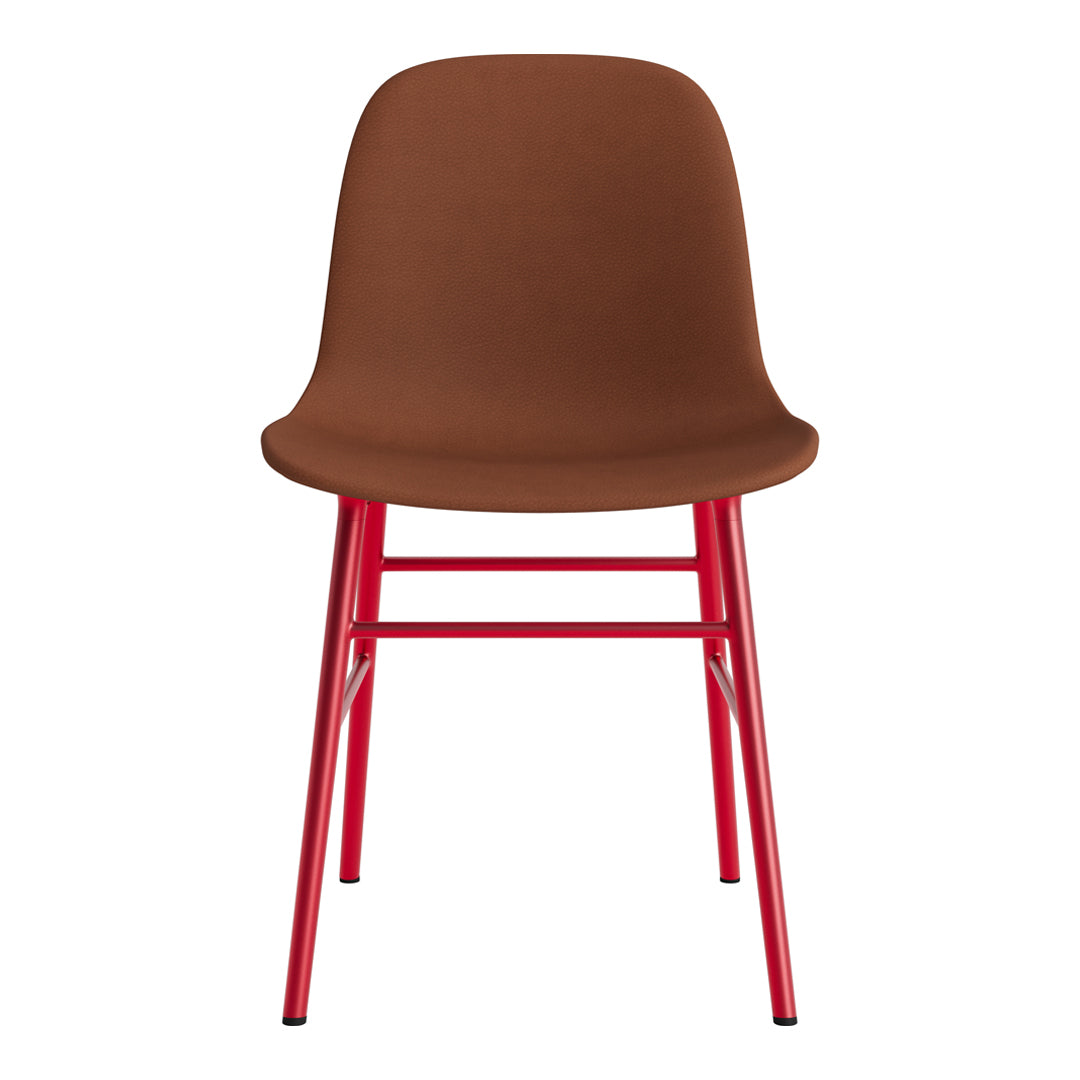 Brown chair with a smooth finish and vibrant red metal legs for a modern, colorful accent.