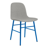 Grey upholstered chair with bright blue legs, featuring a minimalist design and smooth, modern lines.